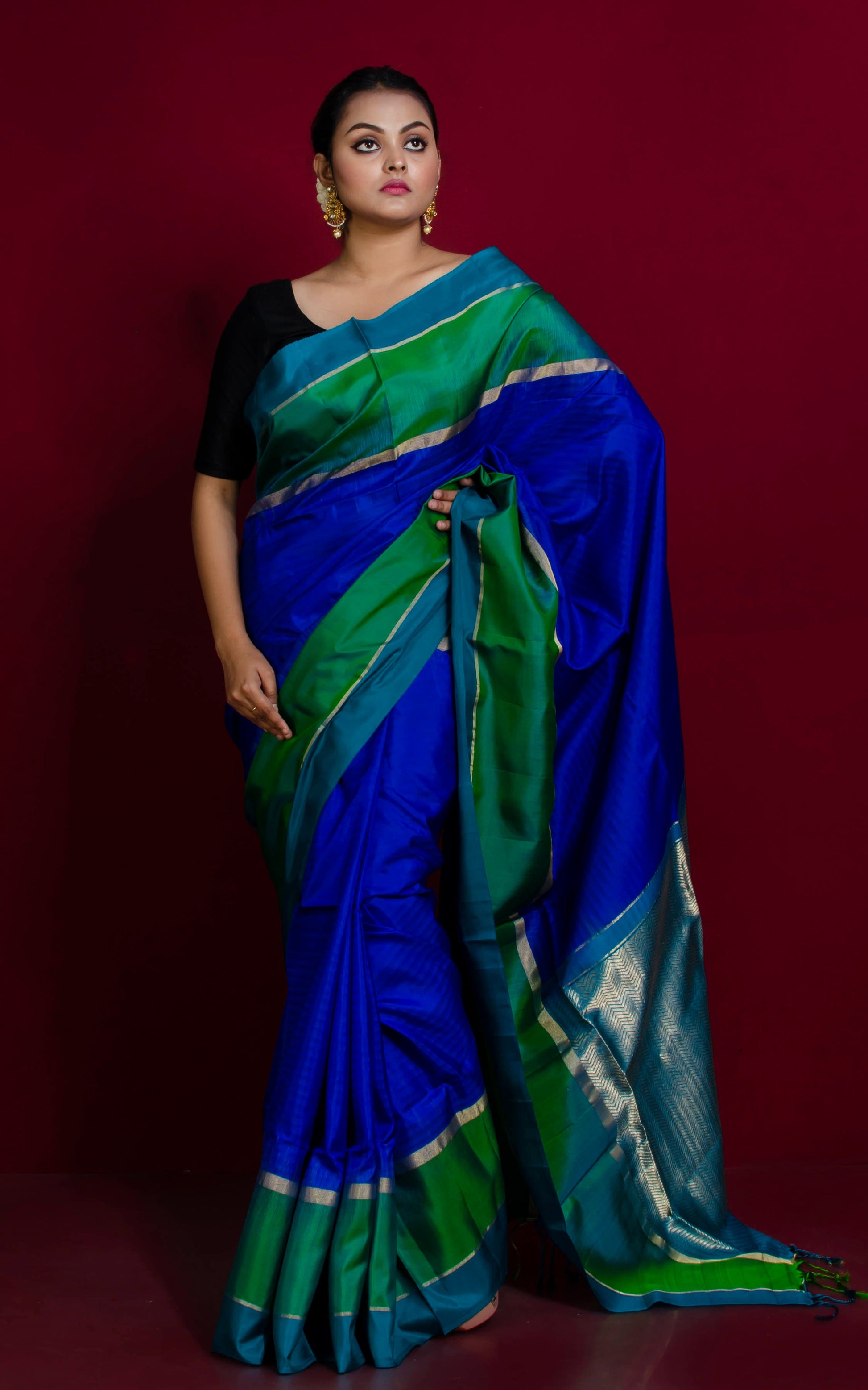 Soft Silk Metro Border Kanchipuram Silk Saree in Admiral Blue, Cadmium Green, Ocean Blue and Brush Gold