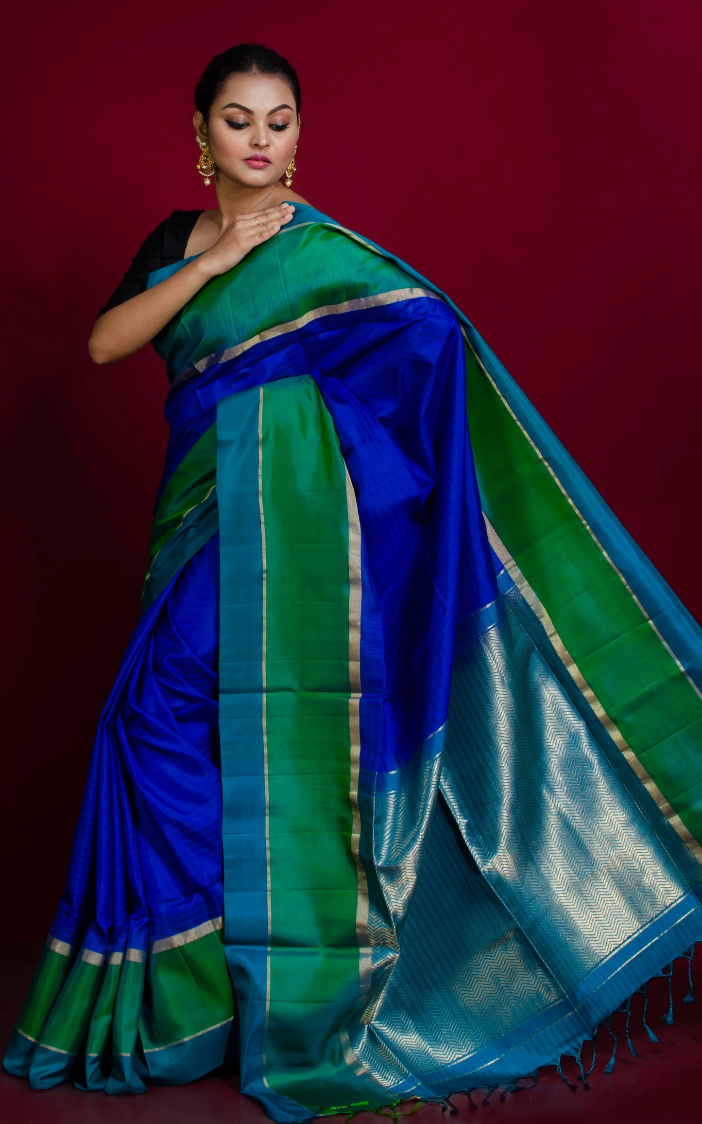 Soft Silk Metro Border Kanchipuram Silk Saree in Admiral Blue, Cadmium Green, Ocean Blue and Brush Gold