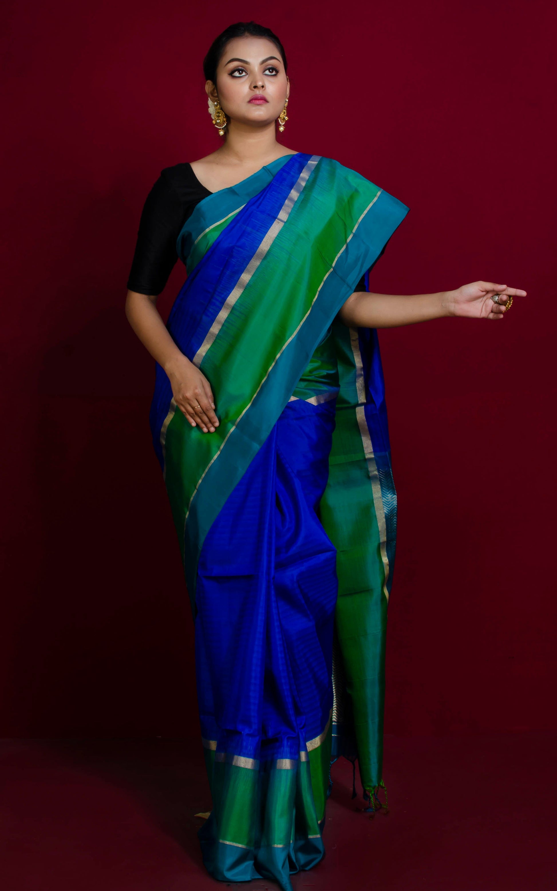 Soft Silk Metro Border Kanchipuram Silk Saree in Admiral Blue, Cadmium Green, Ocean Blue and Brush Gold