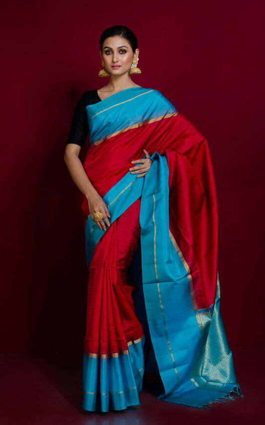 Soft Silk Metro Border Kanchipuram Silk Saree in Carmine Red, Cerulean Blue and Brush Gold