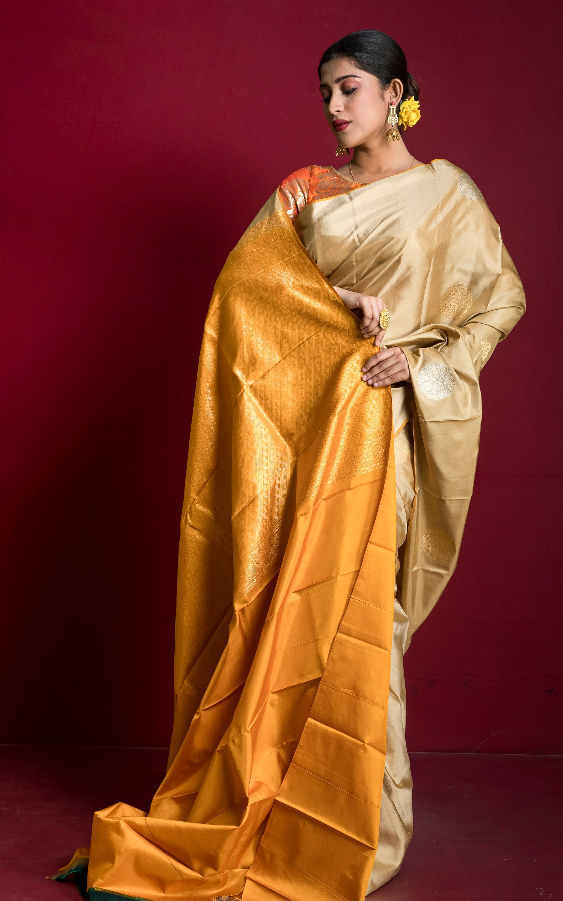 Soft Silk Poth Kanchipuram Silk Saree in Camel Brown, Mustard Golden with Muted Gold and Silver Zari Work