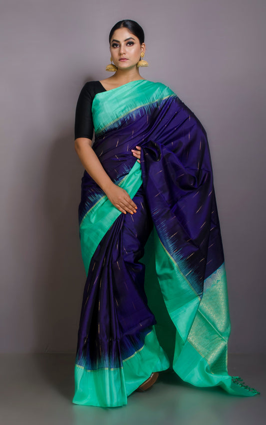 Premium Quality Soft Silk Kotki Border Kanchipuram Silk Saree in Midnight Blue, Mint Green and Rain Drop Woven Gold Zari Butta