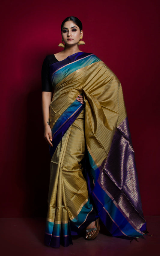 Soft Silk Metro Border Kanchipuram Silk Saree in Sand Gold, Cyan, Dark Blue and Brush Gold