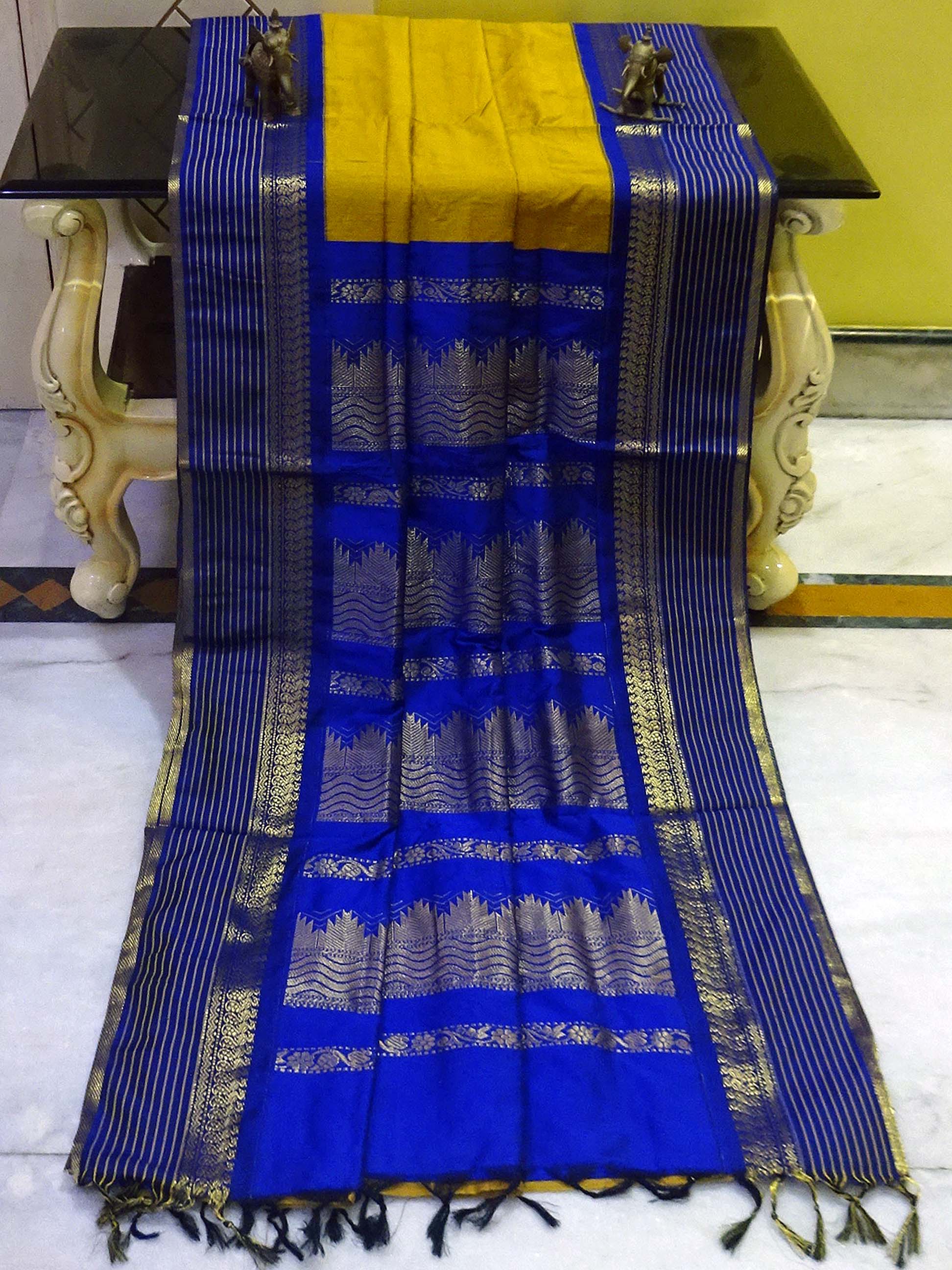 Banarasi Border Soft South Cotton Gadwal with Rich Pallu in Amber Yellow and Blue