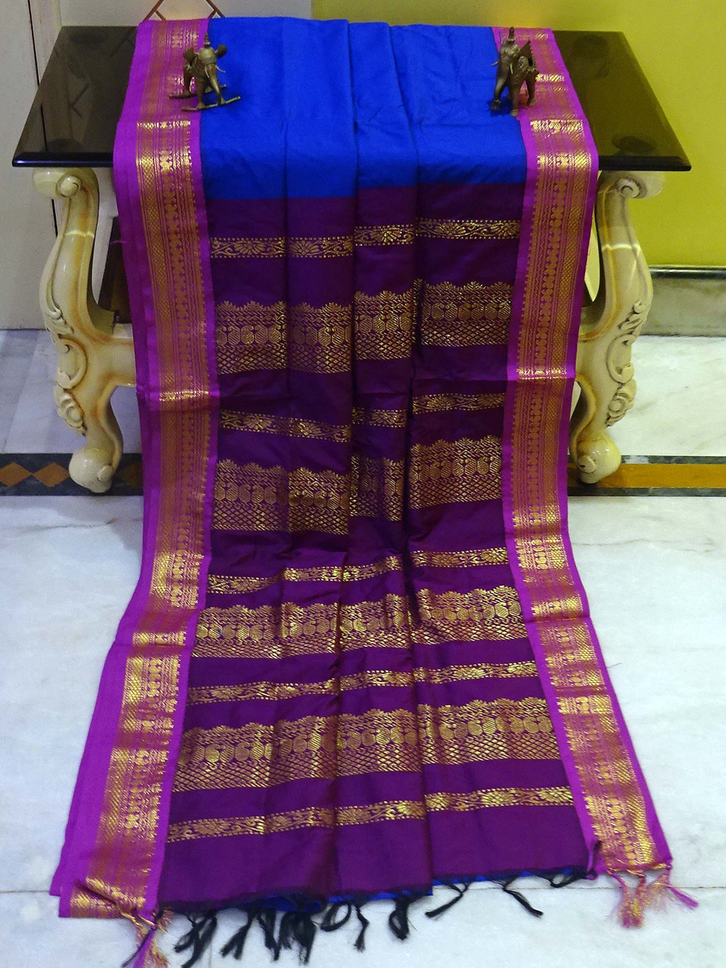 Banarasi Border Soft South Cotton Gadwal with Rich Pallu in Prussian Blue and Purple Pink