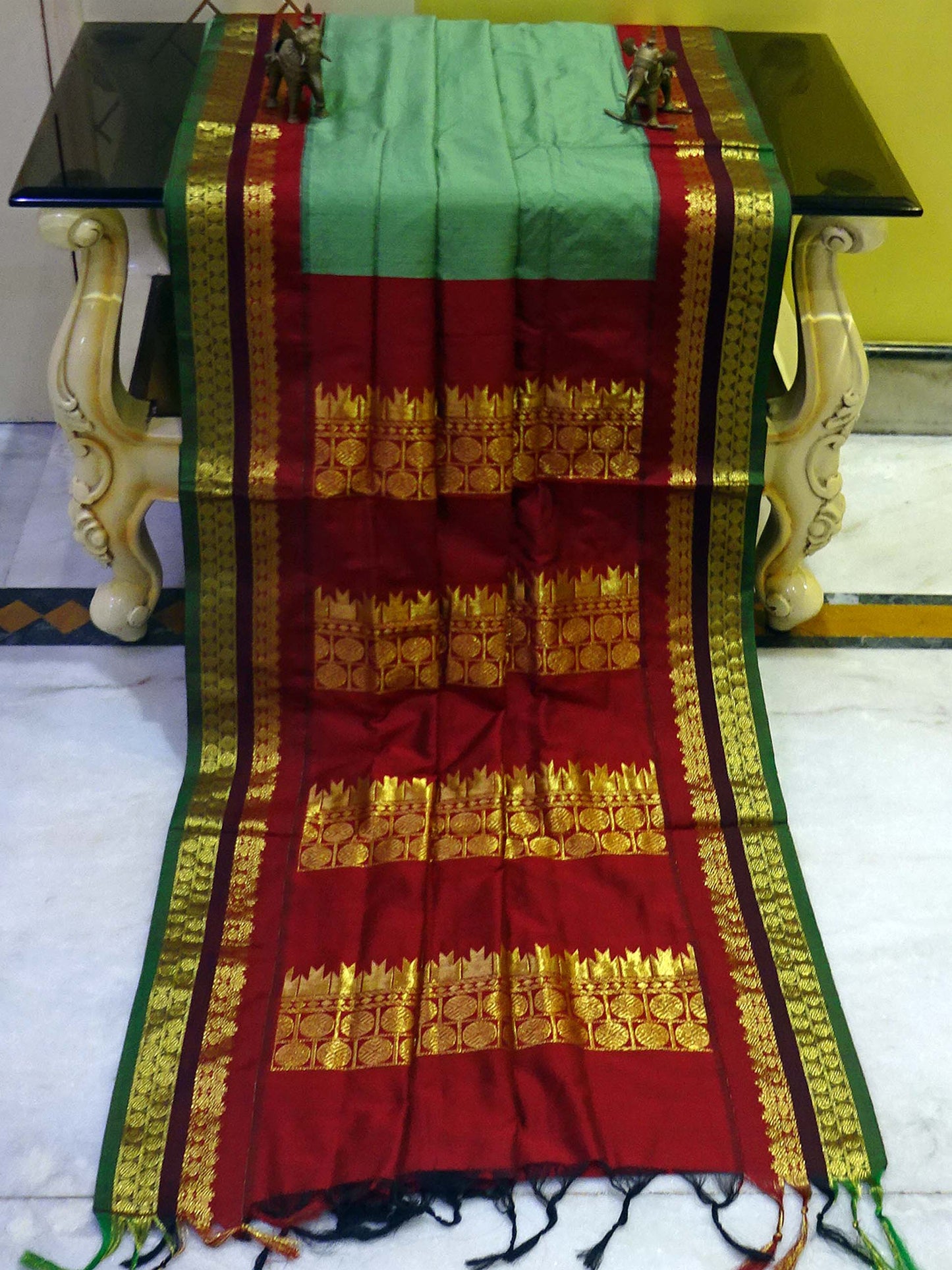 Banarasi Border Soft South Cotton Gadwal with Rich Pallu in Fern Green, Maroon and Dark Green