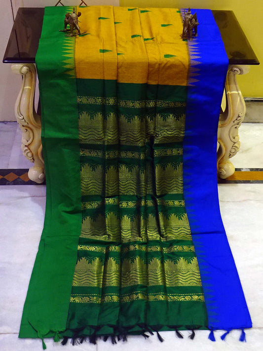 Soft South Cotton Temple Border Gadwal with Rich Pallu in Mustard Golden, Green and Royal Blue