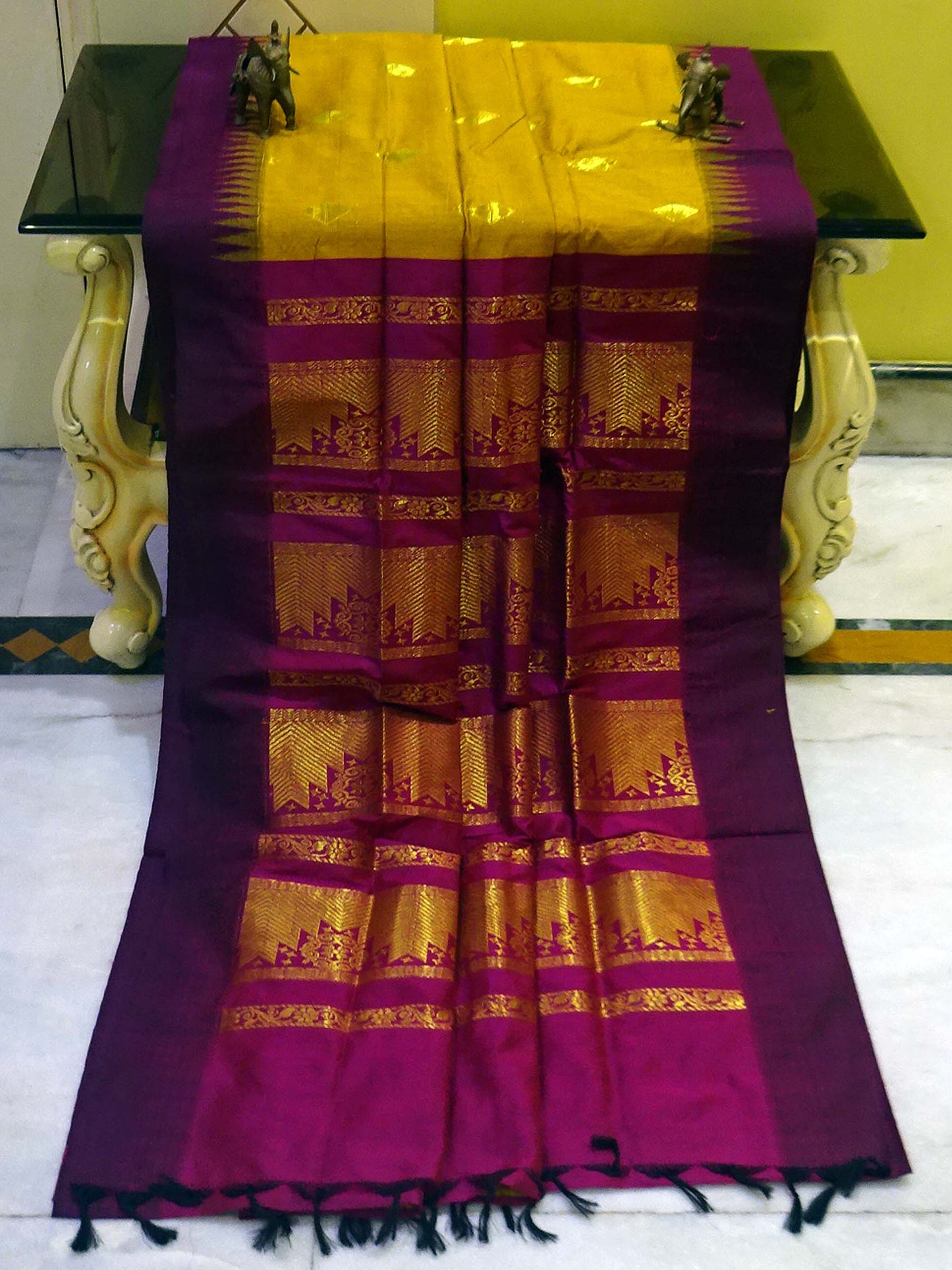 Soft South Cotton Temple Border Gadwal with Rich Pallu in Mustard Golden and Magenta