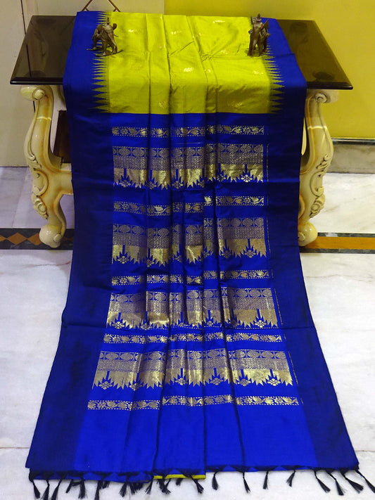 Soft South Cotton Temple Border Gadwal with Rich Pallu in Chartreuse Green and Royal Blue