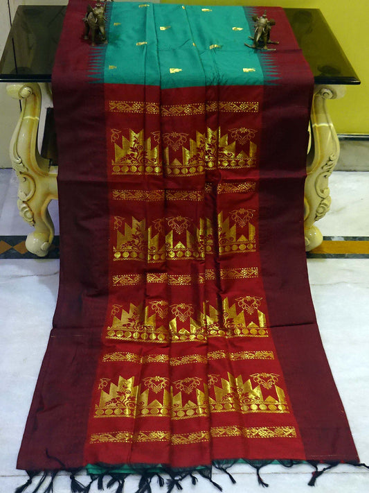 Soft South Cotton Temple Border Gadwal with Rich Pallu in Jade Green and Maroon