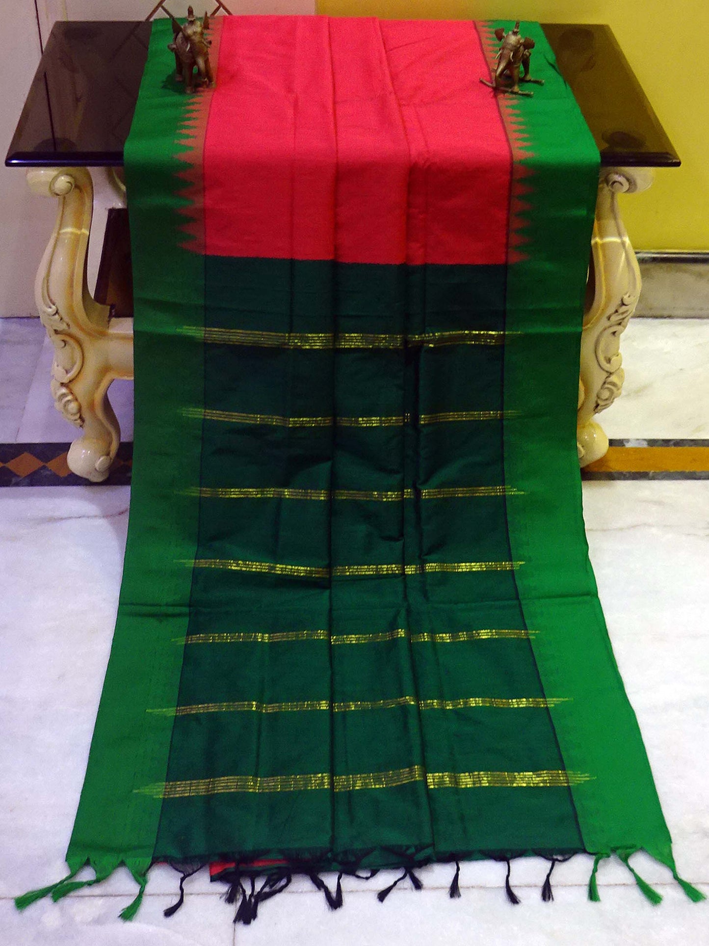 Soft South Cotton Pencil Border Gadwal Saree in Strawberry and Pine Green