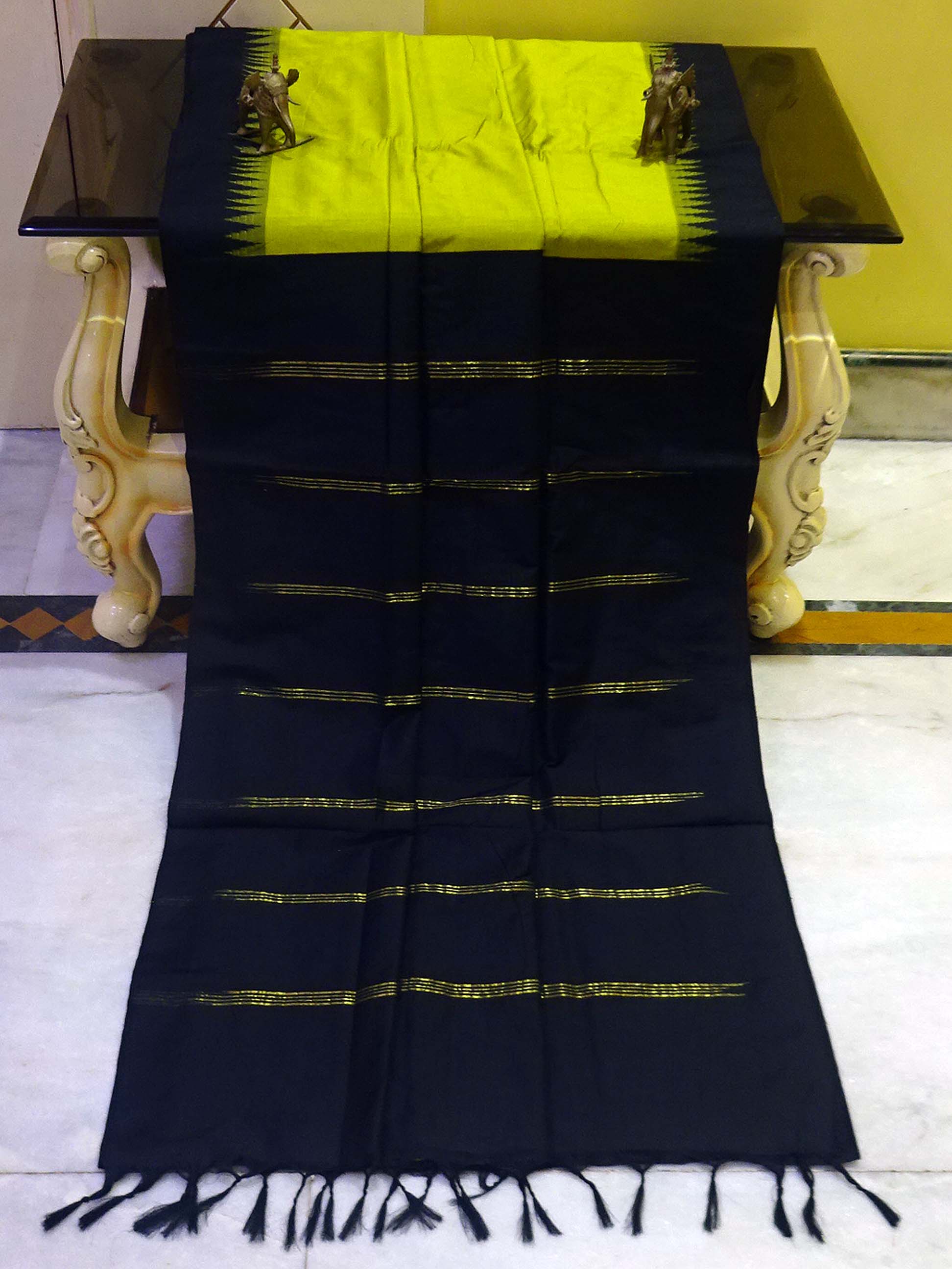 Soft South Cotton Pencil Border Gadwal Saree in Chartreuse Green and Black