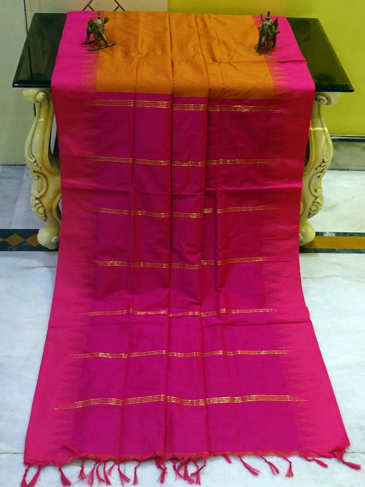 Soft South Cotton Pencil Border Gadwal Saree in Apricot Orange and Pink