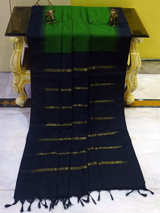 Soft South Cotton Pencil Border Gadwal Saree in Emerald Green and Black