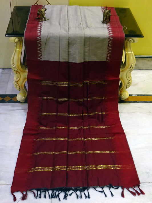 Soft South Cotton Pencil Border Gadwal Saree in Pewter Grey and Maroon