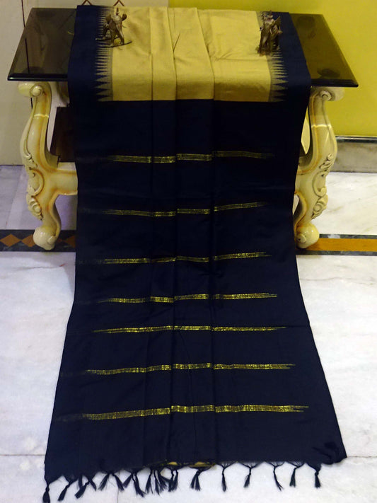 Soft South Cotton Pencil Border Gadwal Saree in Khaki and Black