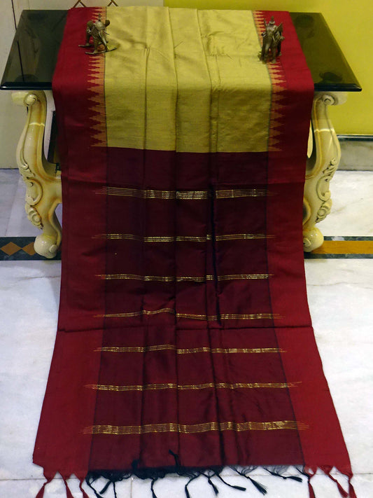 Soft South Cotton Pencil Border Gadwal Saree in Khaki and Maroon