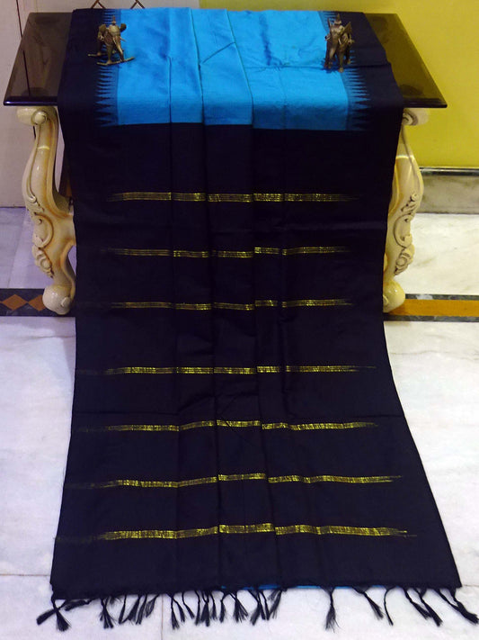 Soft South Cotton Pencil Border Gadwal Saree in Cerulean Blue and Black