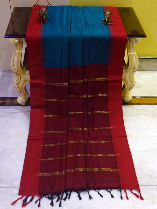 Soft South Cotton Pencil Border Gadwal Saree in Dark Teal and Maroon