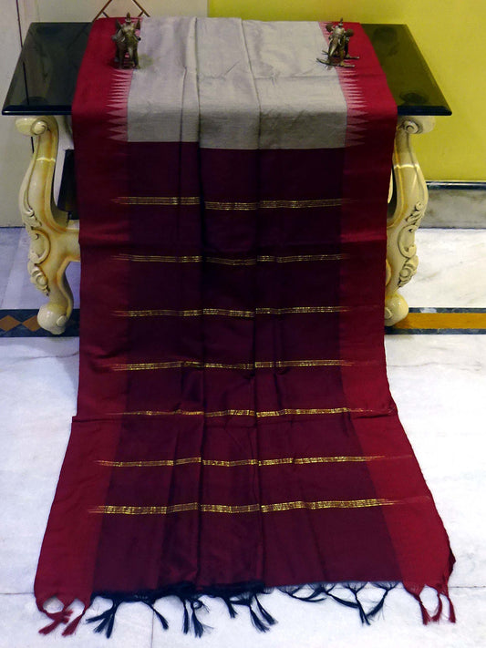 Soft South Cotton Pencil Border Gadwal Saree in Grey and Maroon