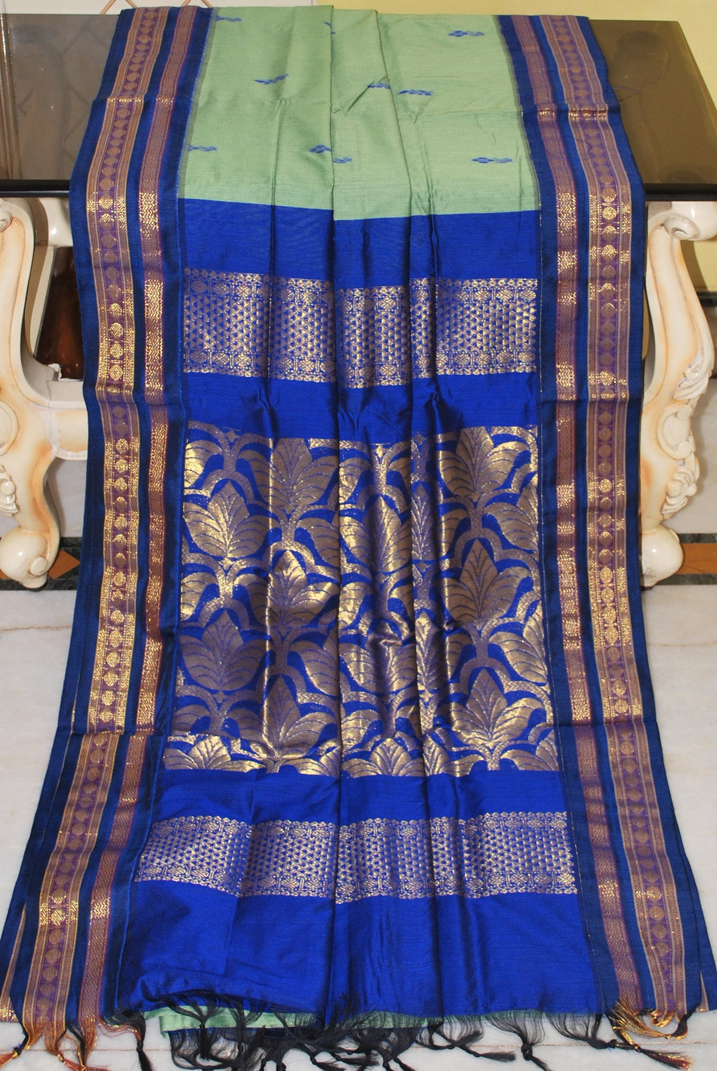 Banarasi Border Soft South Cotton Gadwal with Rich Pallu in Celadon Green, Royal Blue and Purple