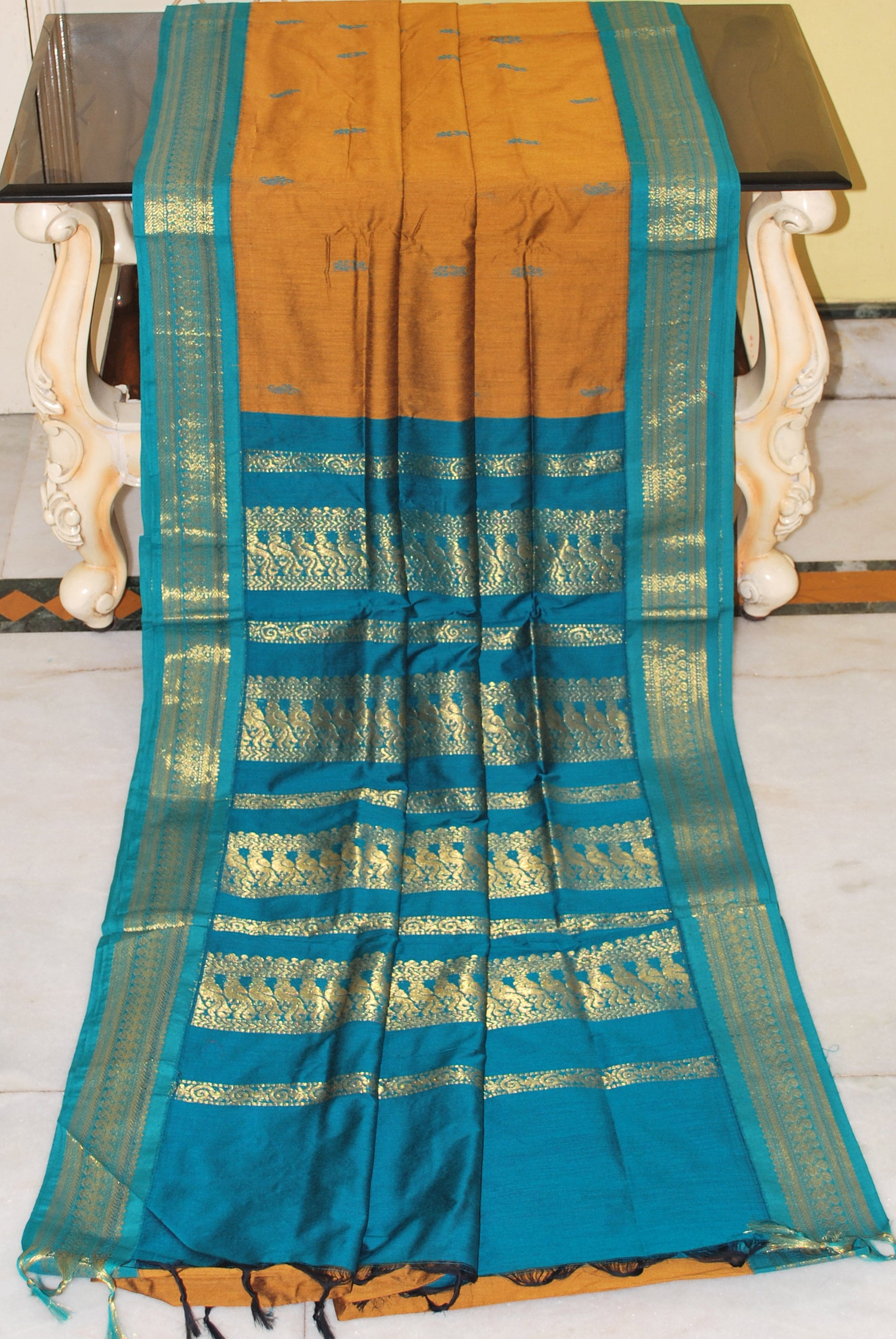 Banarasi Border Soft South Cotton Gadwal with Rich Pallu in Mustard and Teal