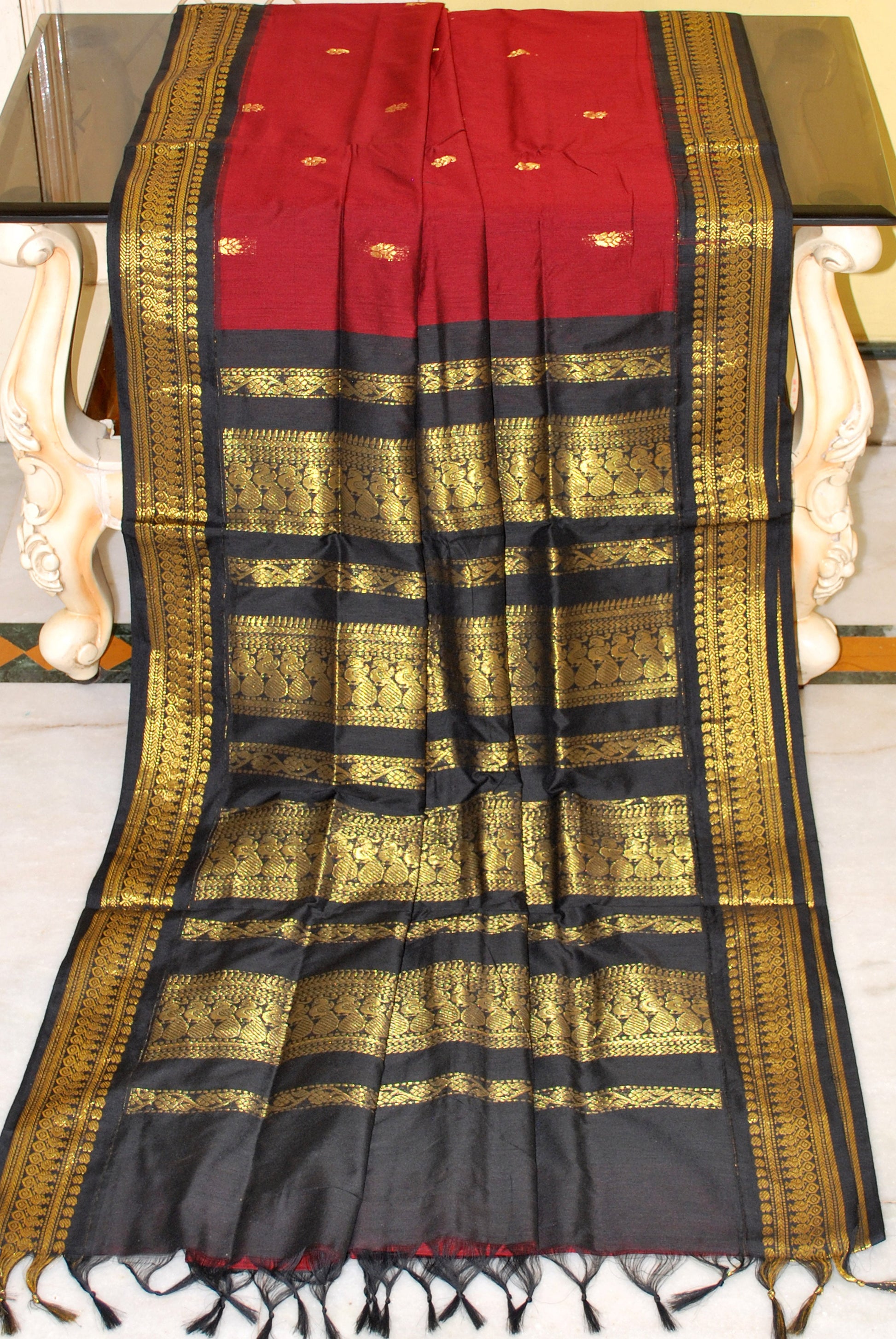 Banarasi Border Soft South Cotton Gadwal with Rich Pallu in Maroon and Black