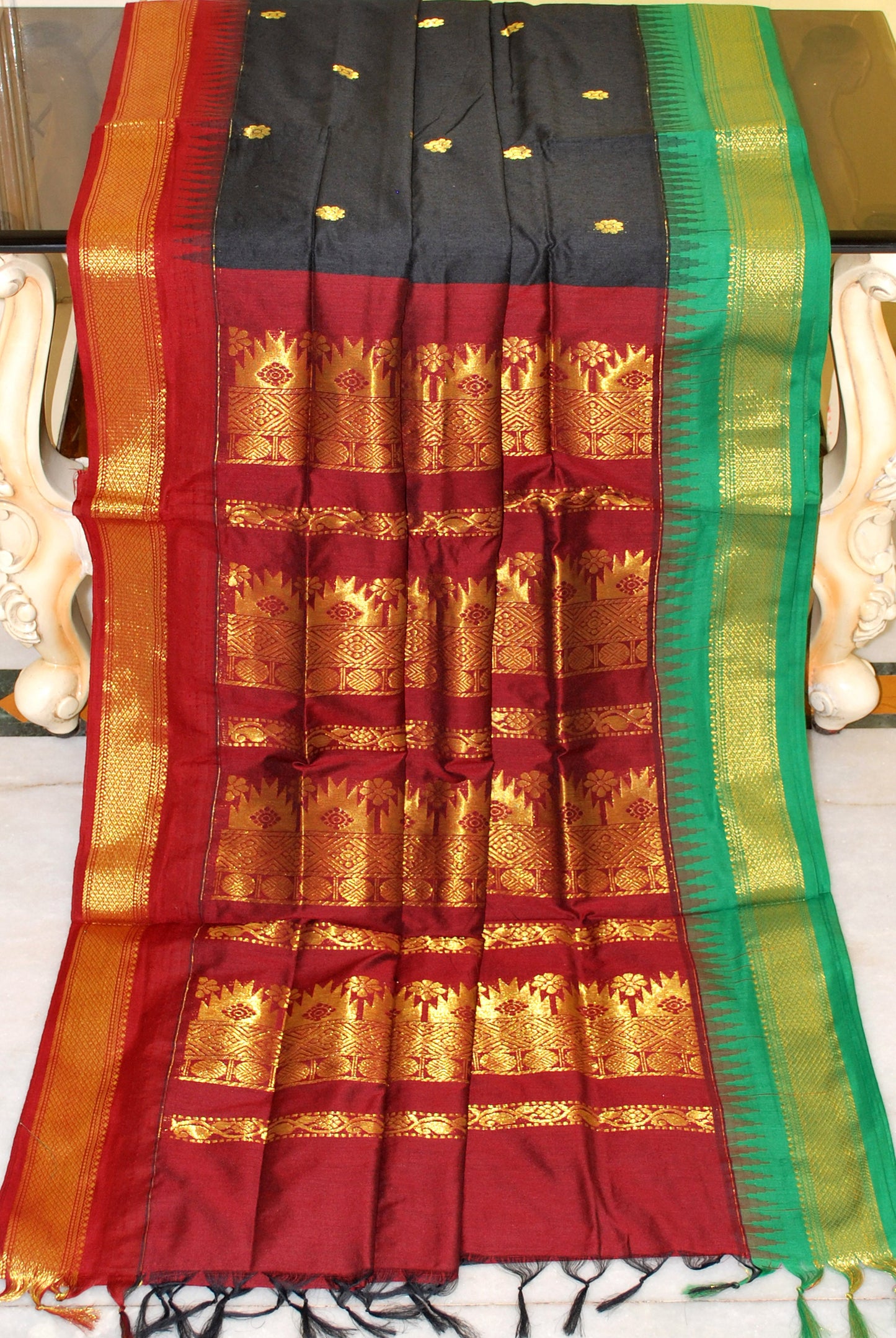 Crowned Temple Ganga Jamuna Border Cotton Gadwal Saree with Rich Pallu in Black, Maroon and Natural Green