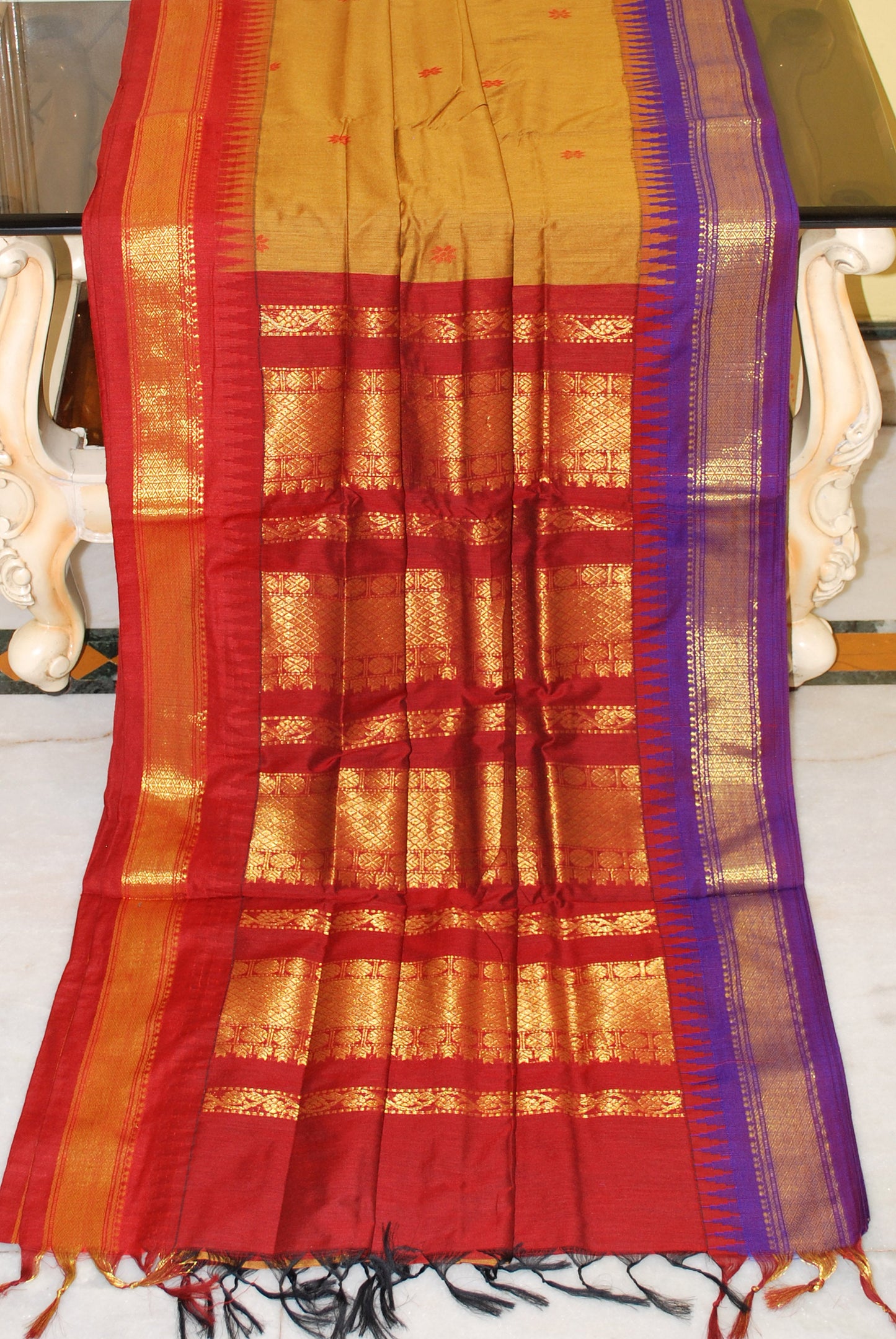 Crowned Temple Ganga Jamuna Border Cotton Gadwal Saree with Rich Pallu in Mustard, Maroon and Purple