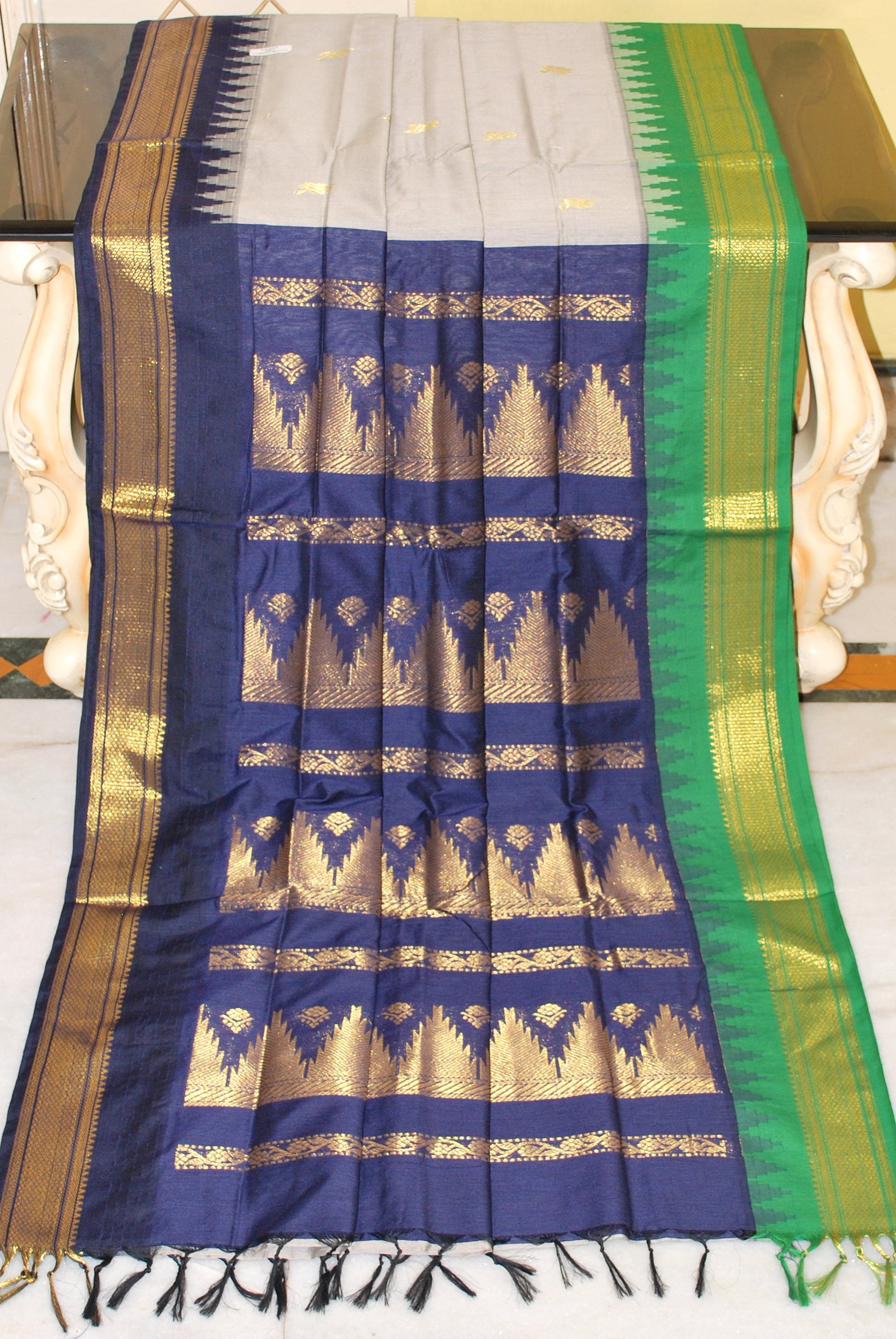 Crowned Temple Ganga Jamuna Border Cotton Gadwal Saree with Rich Pallu in Grey, Dark Blue and Natural Green