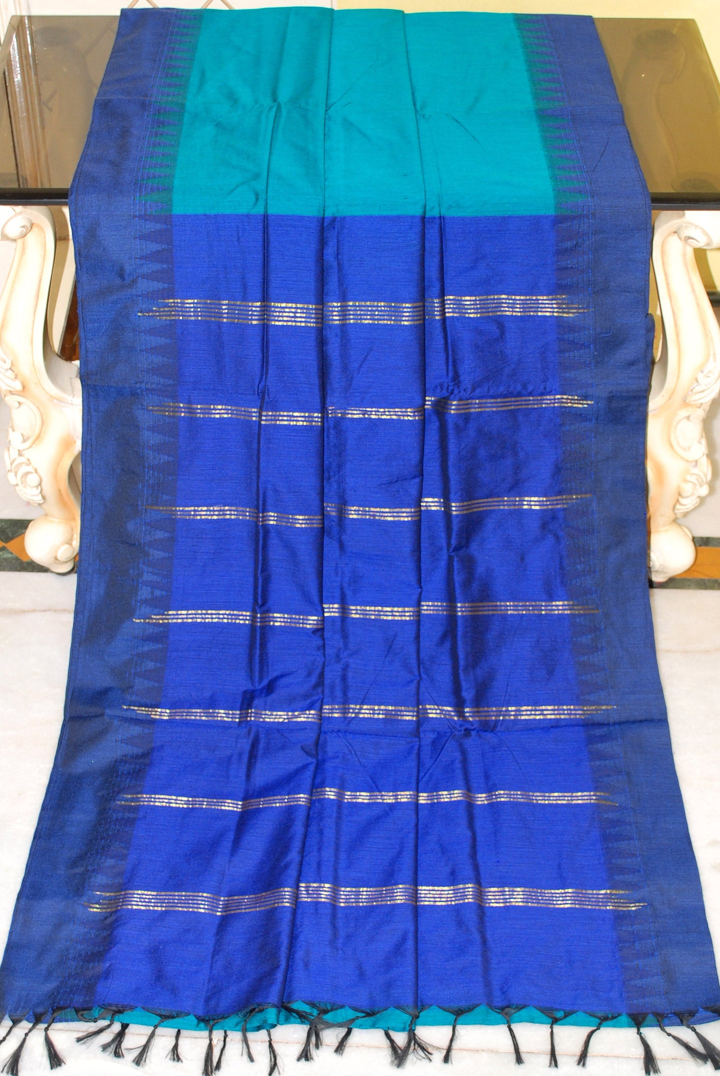 Soft South Cotton Pencil Border Gadwal Saree in Rama Green and Royal Blue