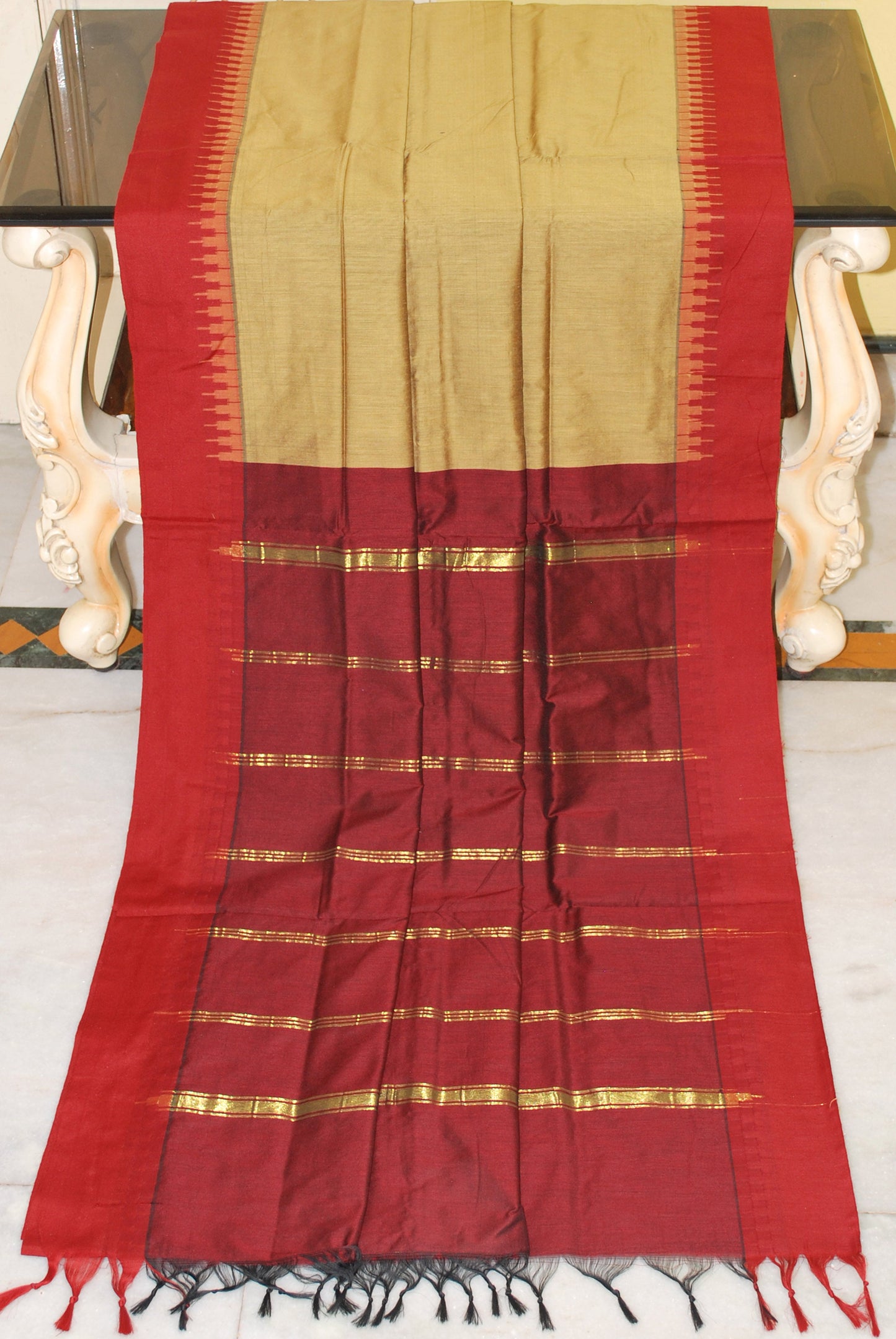 Soft South Cotton Pencil Border Gadwal Saree in Dark Khaki and Maroon