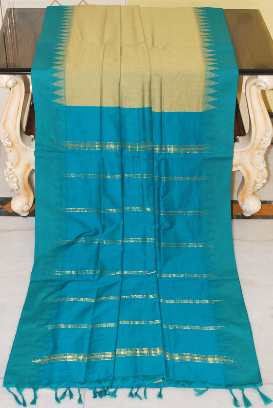 Soft South Cotton Pencil Border Gadwal Saree in Dark Khaki and Turquoise