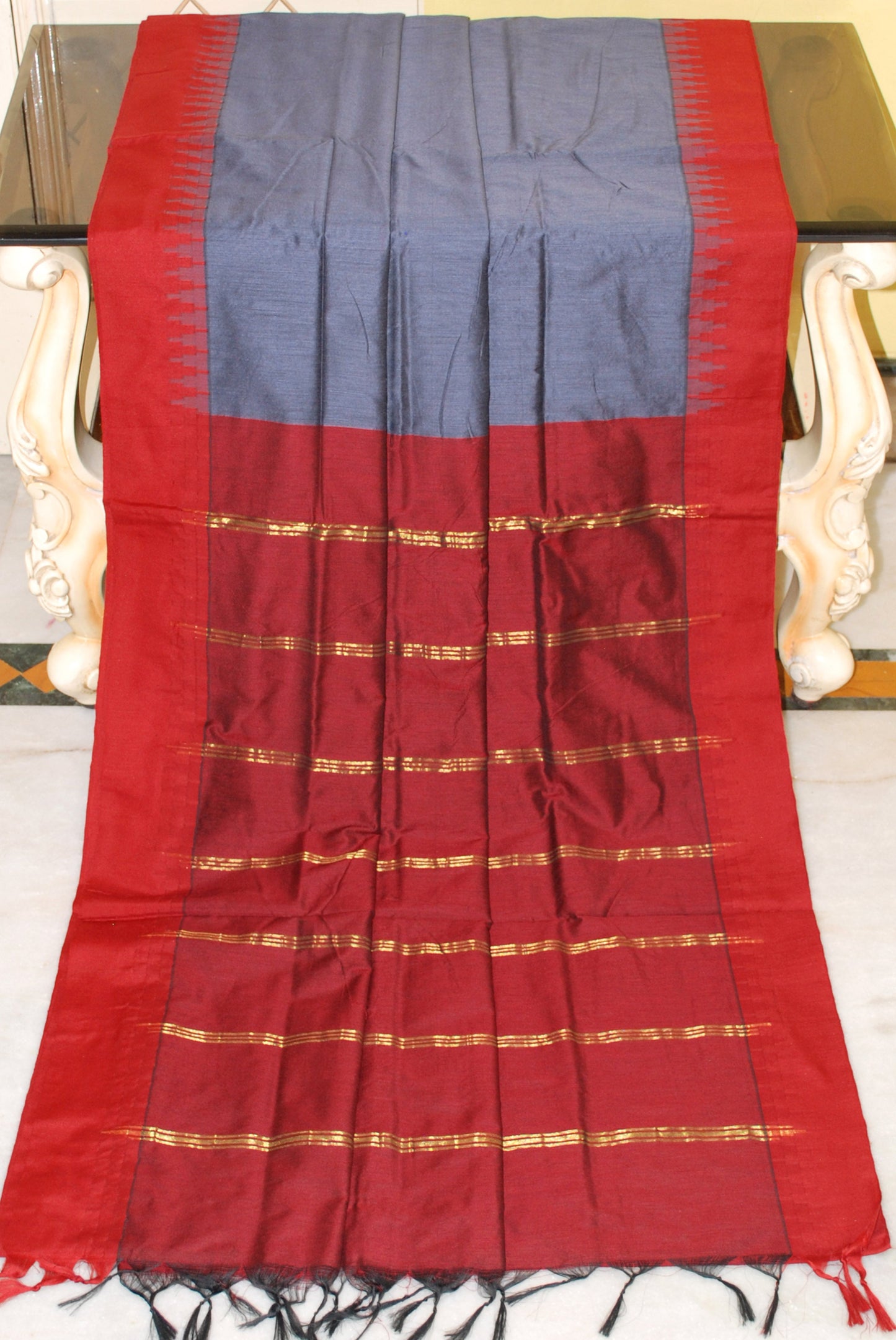 Soft South Cotton Pencil Border Gadwal Saree in Anchor Grey and Maroon