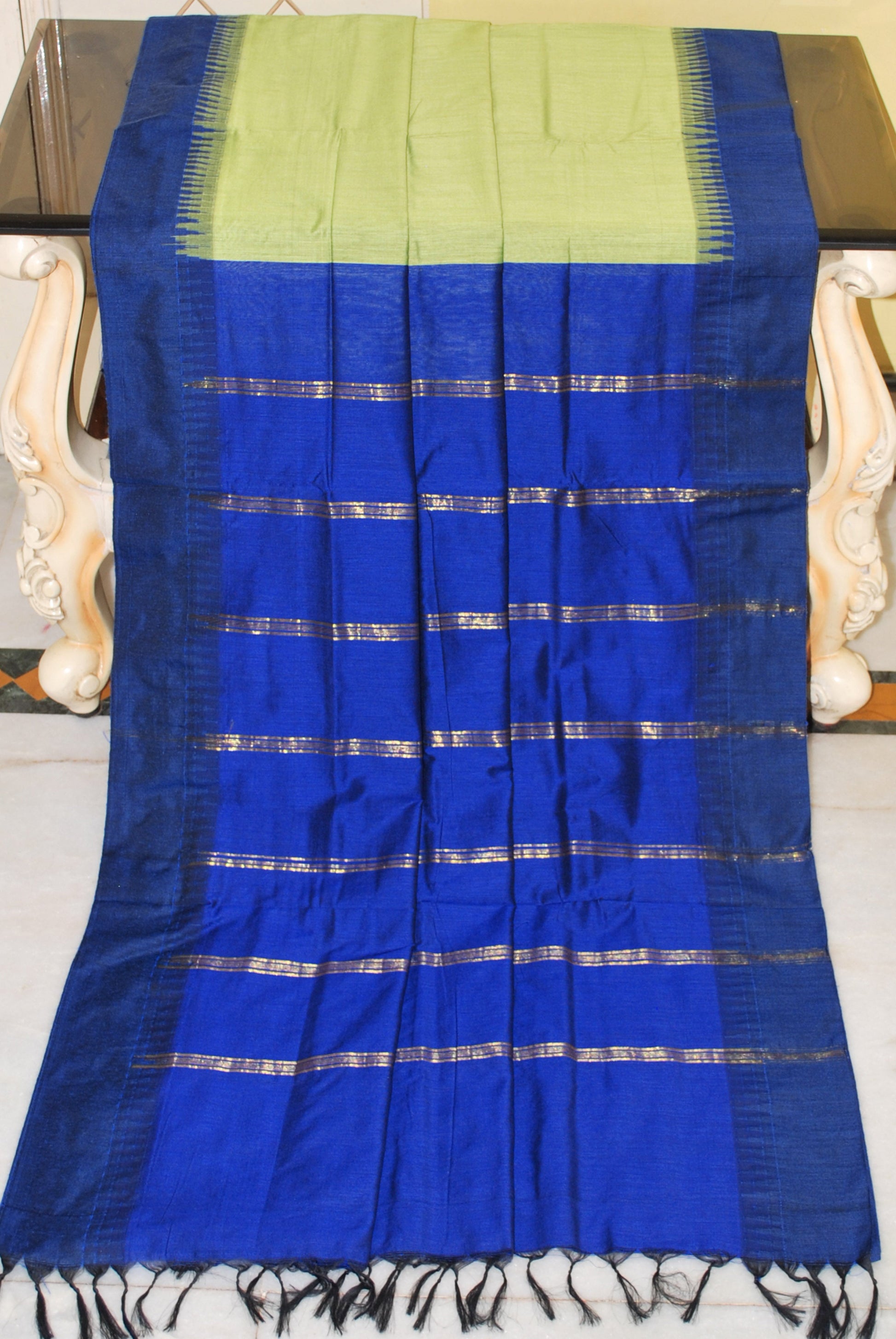 Soft South Cotton Pencil Border Gadwal Saree in Warm Green and Deep Blue