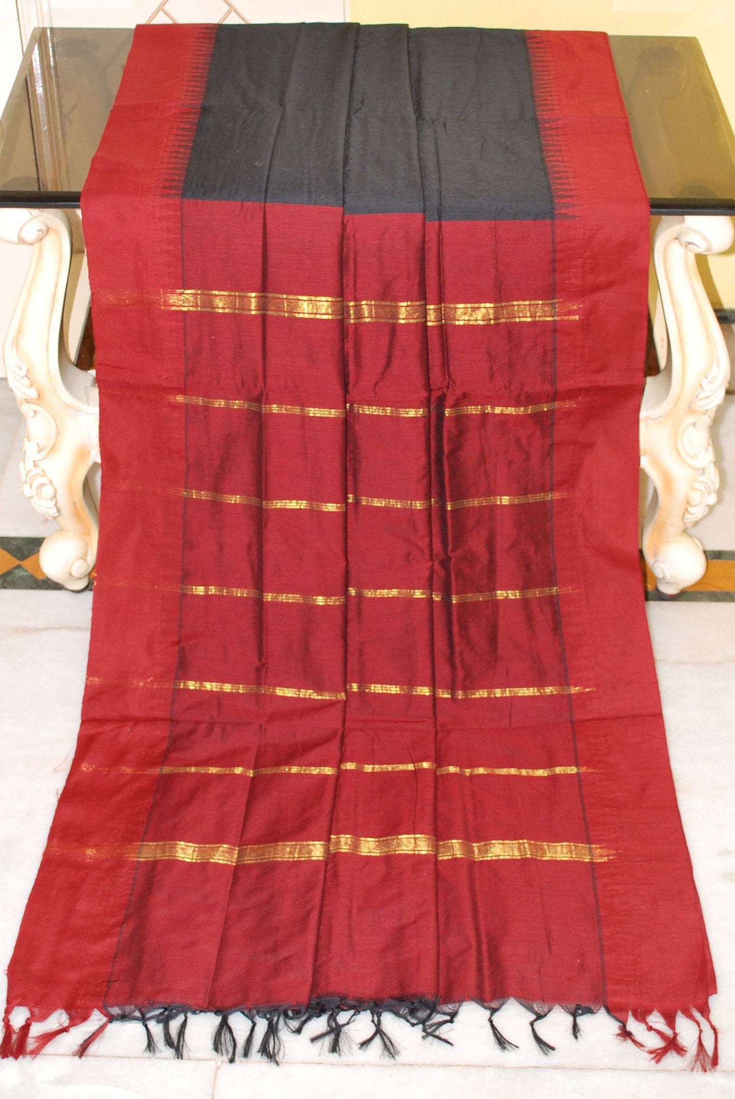 Soft South Cotton Pencil Border Gadwal Saree in Black and Maroon