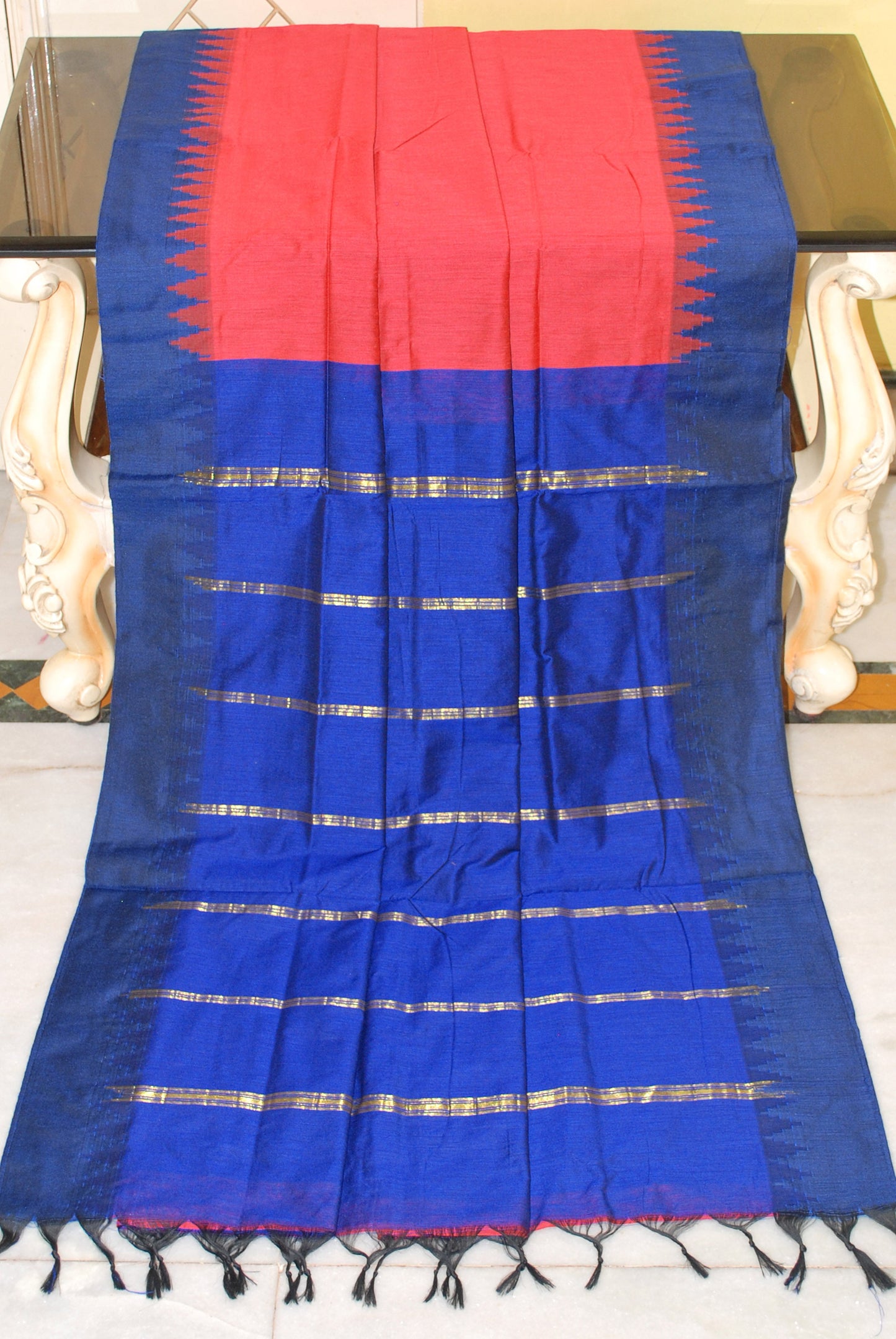 Soft South Cotton Pencil Border Gadwal Saree in Peach and Blue