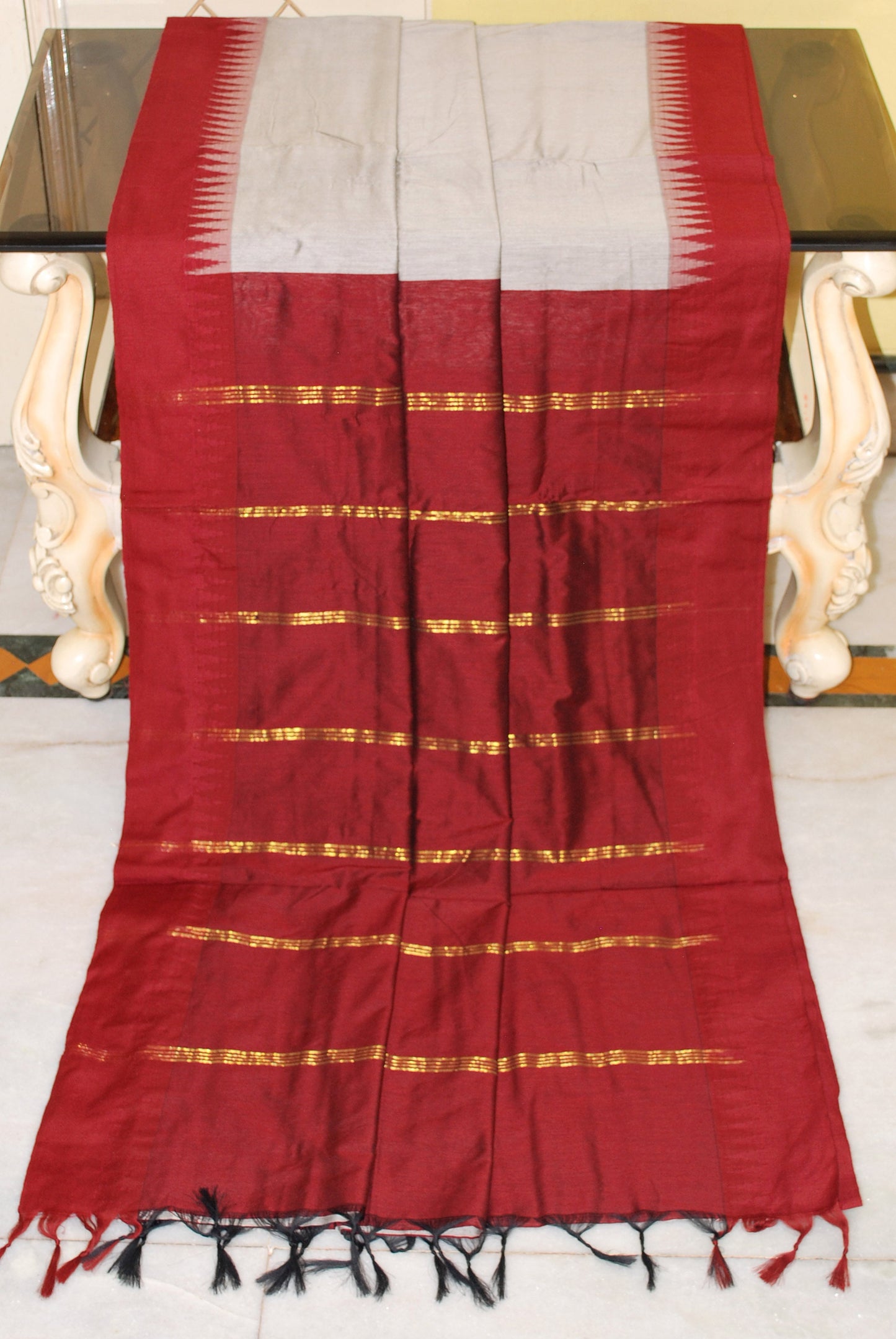 Soft South Cotton Pencil Border Gadwal Saree in Silver Grey and Maroon