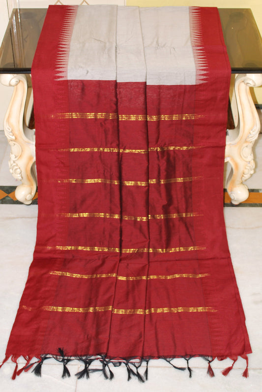 Soft South Cotton Pencil Border Gadwal Saree in Silver Grey and Maroon