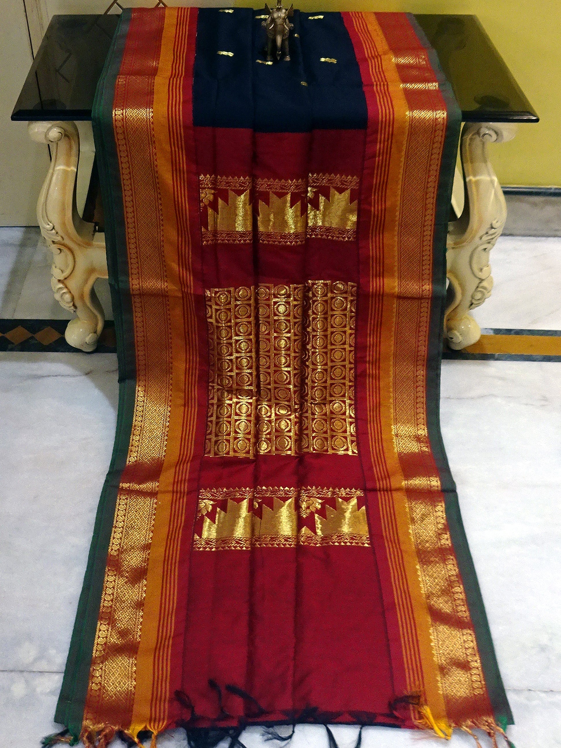 Soft South Cotton Temple Border Gadwal with Rich Pallu in Black, Maroon and Mustard