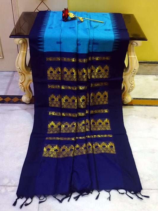 Soft South Cotton Temple Border Gadwal with Rich Pallu in Azure Blue and Navy Blue