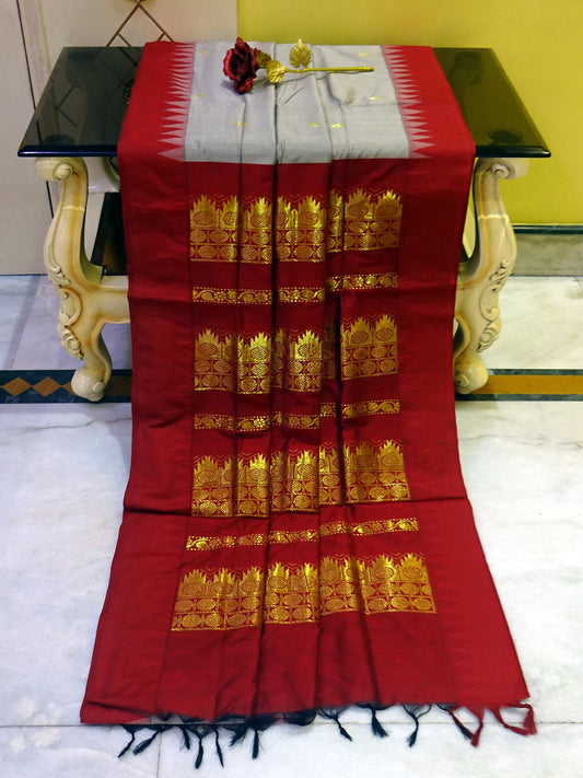 Soft South Cotton Temple Border Gadwal with Rich Pallu in Grey and Maroon