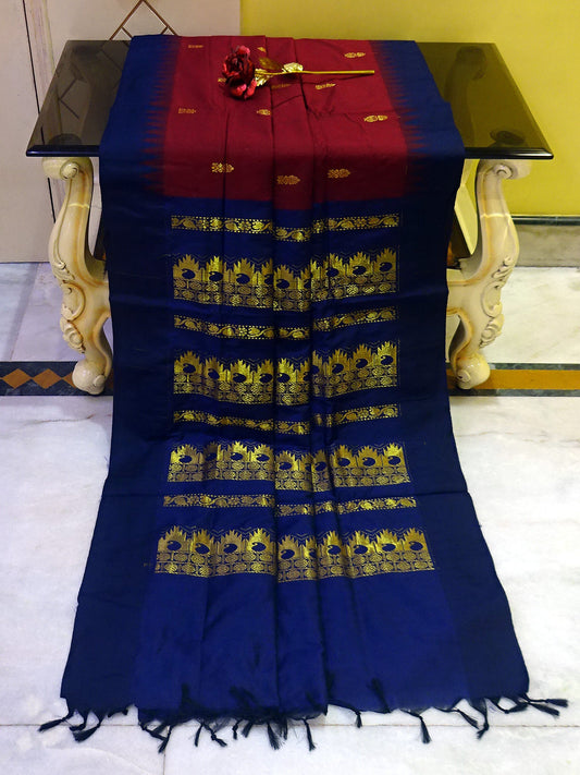 Soft South Cotton Temple Border Gadwal with Rich Pallu in Garnet and Navy Blue