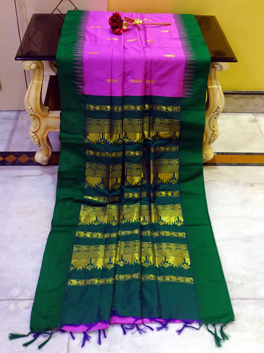 Soft South Cotton Temple Border Gadwal with Rich Pallu in Pink and Forest Green