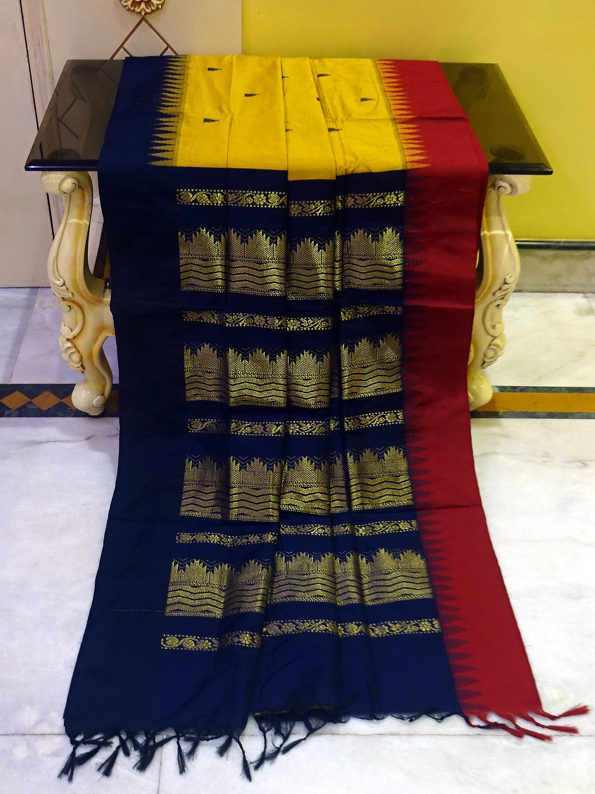 Soft South Cotton Temple Border Gadwal with Rich Pallu in Golden Yellow, Midnight Blue and Maroon