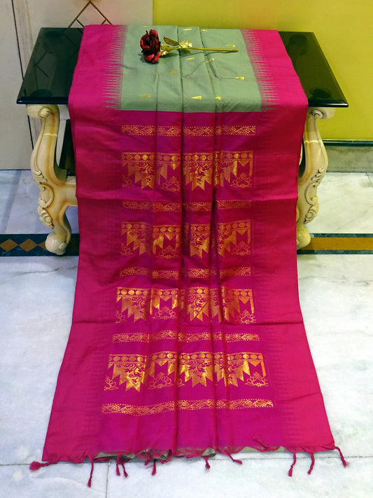 Soft South Cotton Temple Border Gadwal with Rich Pallu in Sage Green and Hot Pink