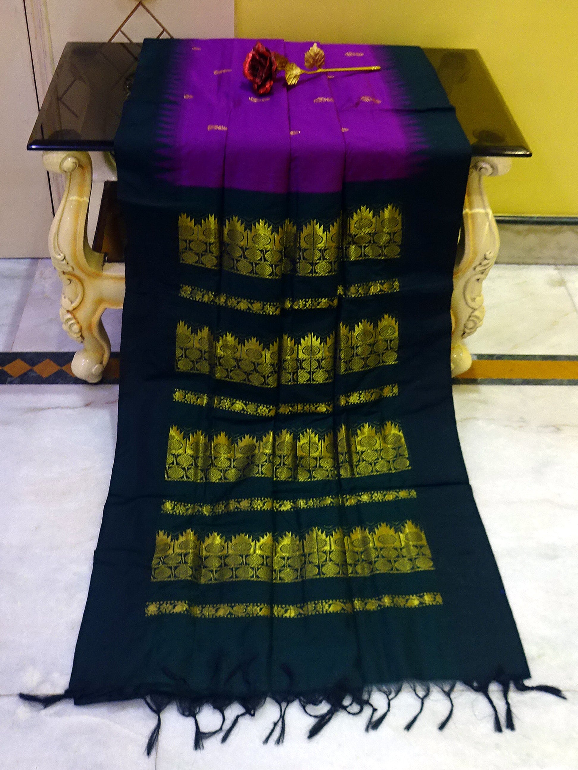 Soft South Cotton Temple Border Gadwal with Rich Pallu in Purple and Sacramento Green