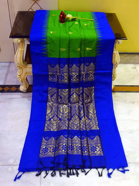 Soft South Cotton Temple Border Gadwal with Rich Pallu in Parrot Green and Royal Blue