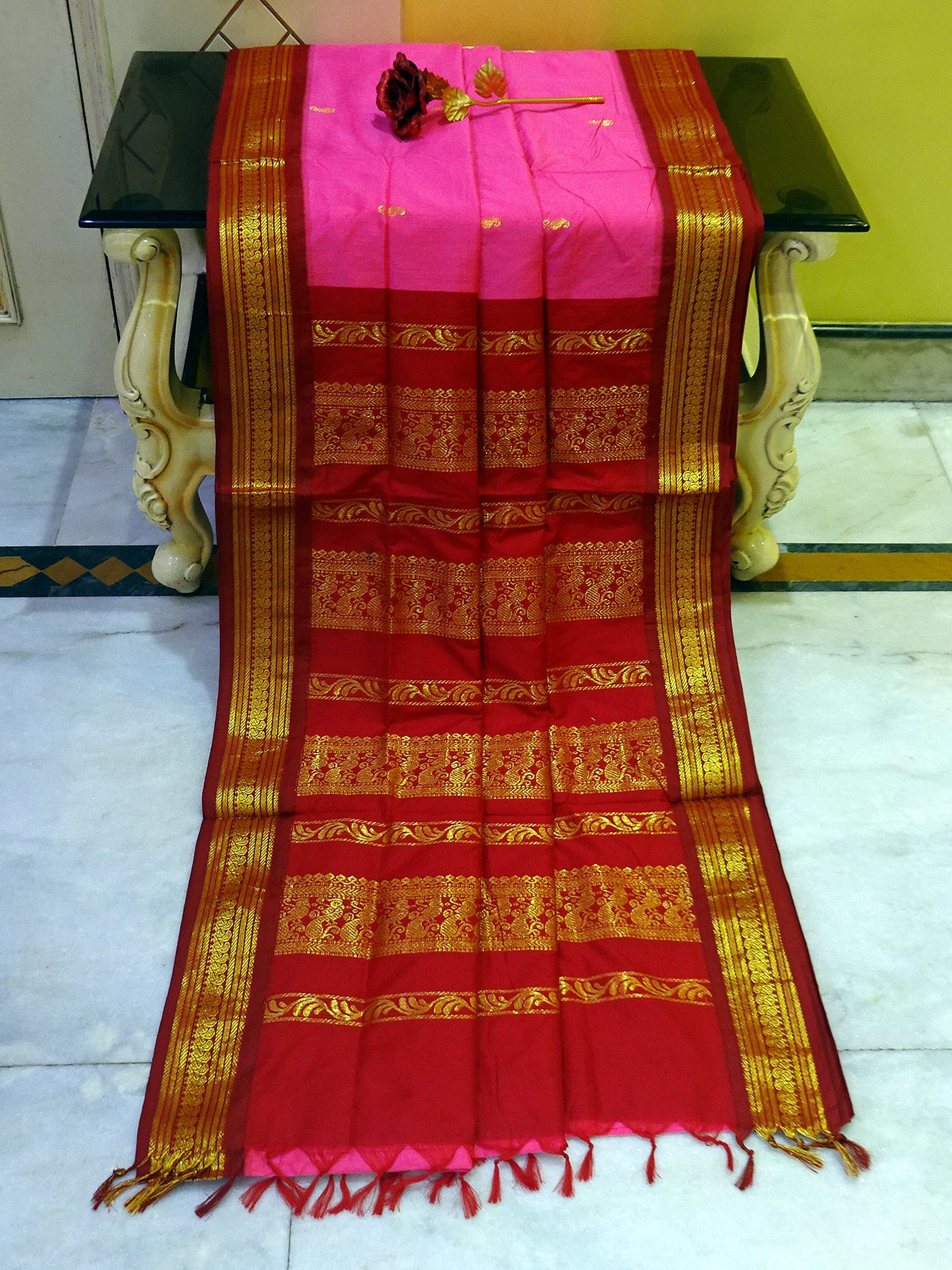 Banarasi Border Soft South Cotton Gadwal with Rich Pallu in Pink and Dark Red