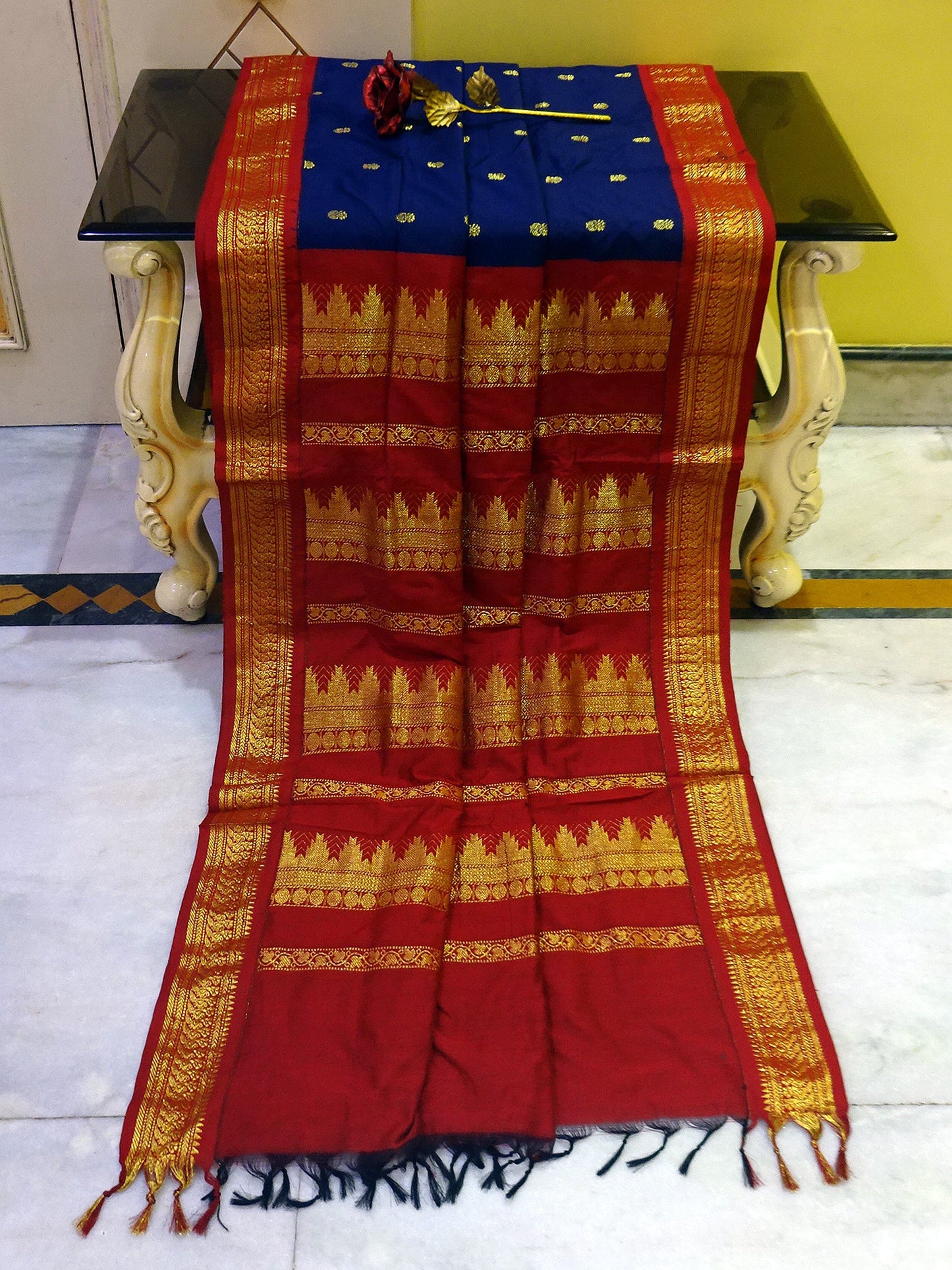 Banarasi Border Soft South Cotton Gadwal with Rich Pallu in Indigo Blue and Dark Red